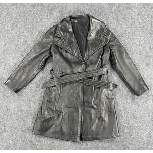 Vintage Peter Caruso Leather Trench Coat Womens 12 Black Belted Mid Length